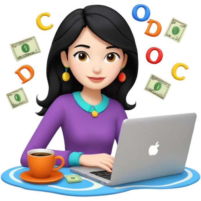 3D clay woman character relaxed with laptop and coffee in Paris, floating icons (dollars), colofrful modern outfit, white laptop, Pixar style, transparent background, black hair, fair skin,  emoji