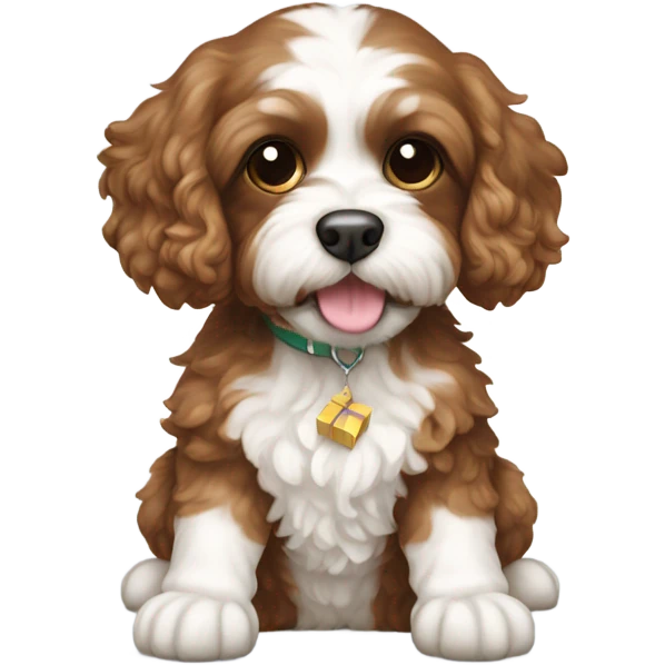 Brown and white cavapoo with gift box emoji