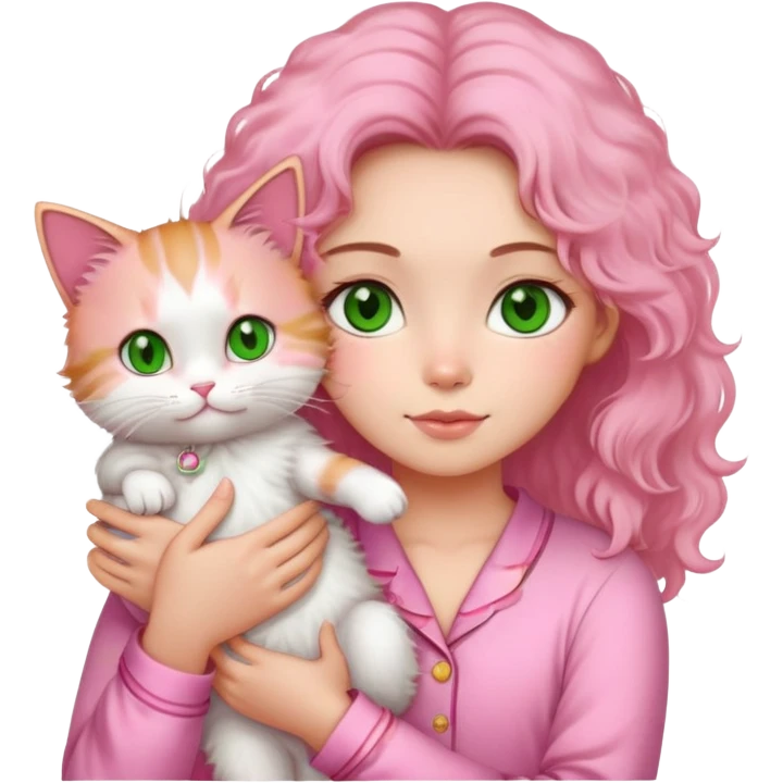A girl with green eyes and highlighted fluffy hair in pink pajamas holds a Thai cat emoji
