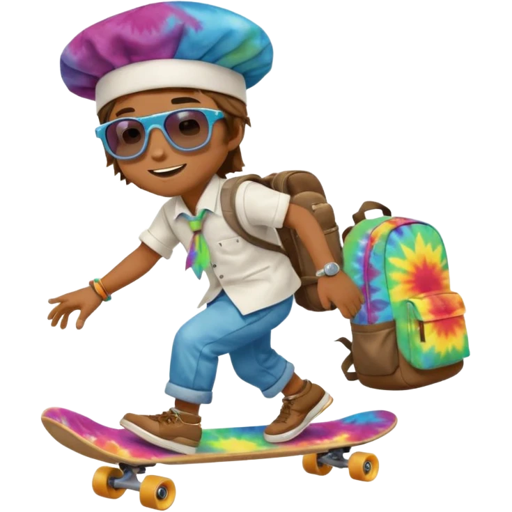 ["A happy boy with brown skin, straight hair, wearing a chef hat and sunglasses, dressed in hippie fashion, is skateboarding while holding a backpack."] emoji