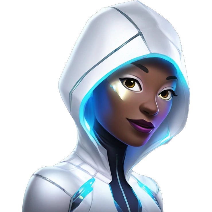 Android Spider-Gwen wearing a sleek, futuristic suit with metallic accents, glowing circuitry, and a holographic hood over her head emoji