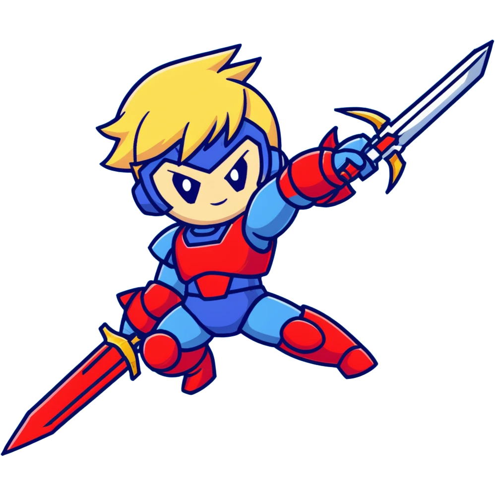 Megaman Zero robot with red armor, blonde hair, and Z-saber sword emoji
