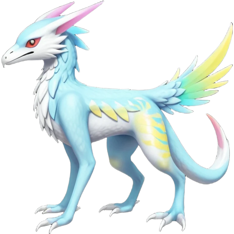 Colorful scaly flurry colorful iridescent shiny bioluminescent translucent luminescent neon pastel edgy cool bright pale dark edgy Latias-Sergal-Vernid-Lombax-Renamon-Zeraora-Bastet-Fakémon-hybrid-fusion-creature, full body emoji