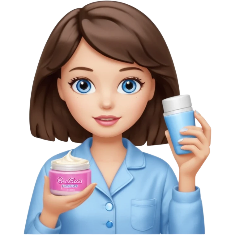 Barbie girl with makeup, blue eyes , and bob long haircut wavy, short brown hair in creamy color pajamas, face cream in hand emoji