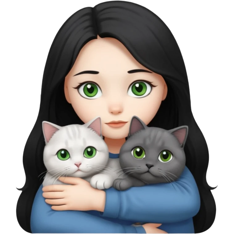 Black long hair, white skin, black eyes, pretty girl is hugging a gray Scottish fold green-eyed cat white blue-eyed cat

 emoji