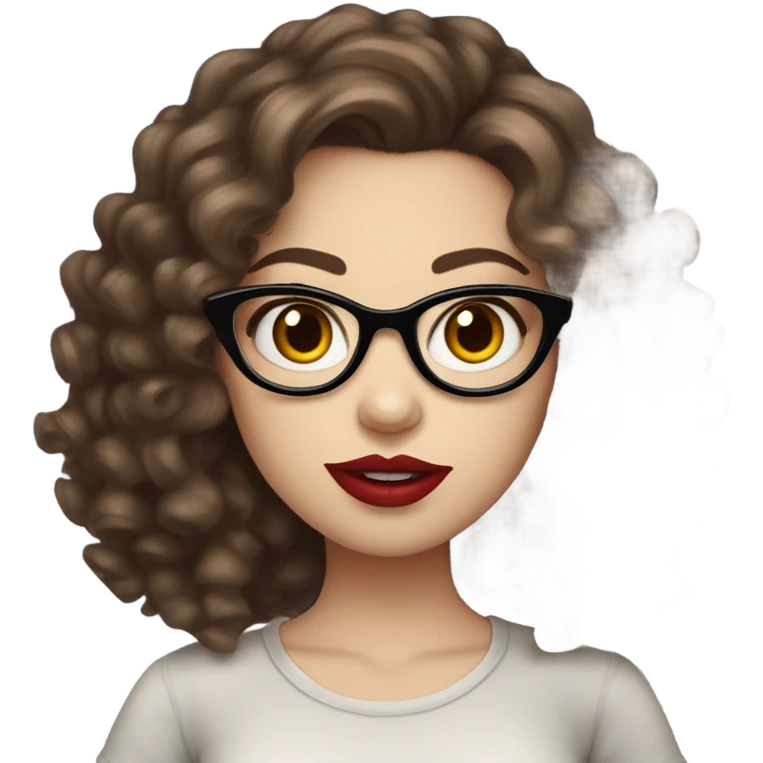 girl, dark brown hair, big lashes, big red lips, curly hair, glasses, hazelbrown eyes, pale skin, red lips, long hair, holding starbusk emoji