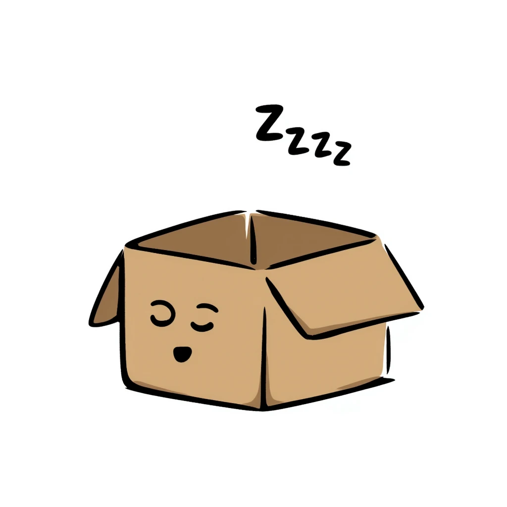 emoji of sleeping box, box is brown colored, open and empty, with a tiny Zzz bubble emoji