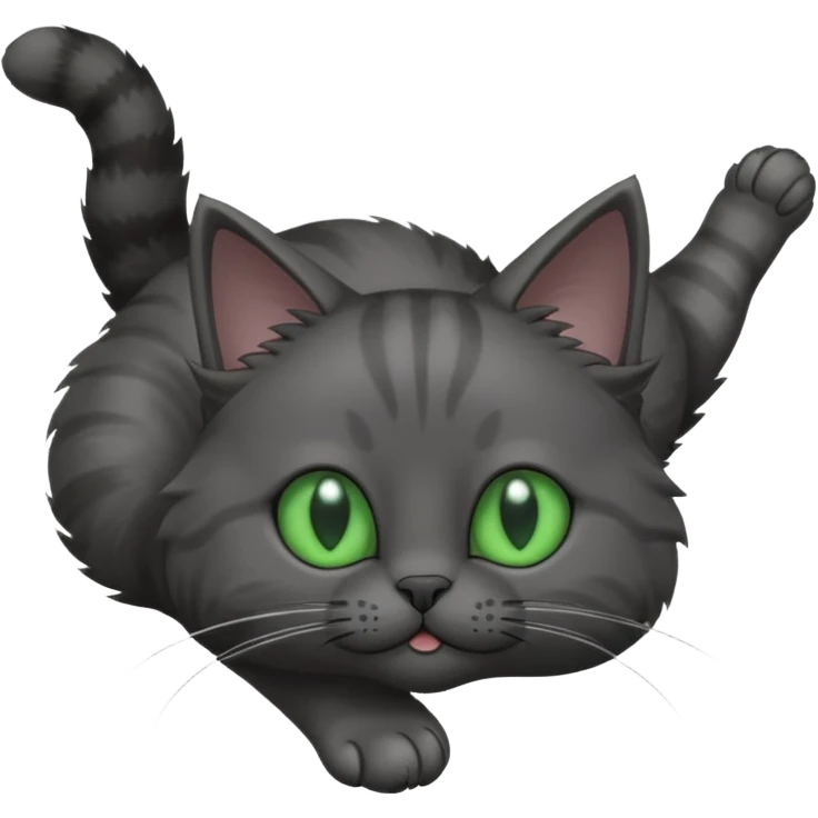 solid dark grey cat with green eyes, completely solid grey face, white toes/paws playing rolling upside down emoji