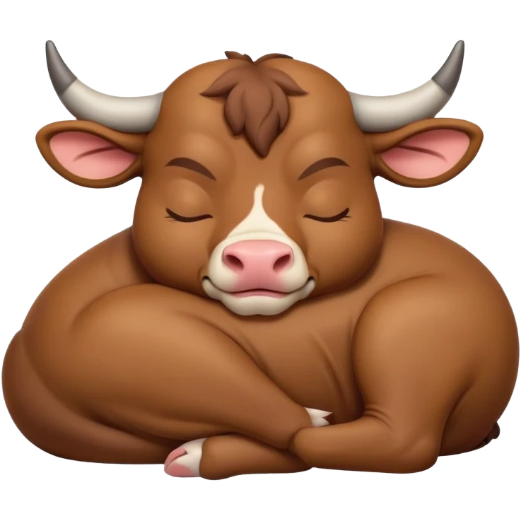 meme-worthy-cute-sleeping-domestic-bull-portrait-emoji,-head-resting-peacefully-with-a-contented-smile,-showcasing-a-robust,-muscular-build-and-a-luxuriously-soft-coat,-eyes-gently-closed-in-serene,-restful-slumber,-simplified,-solid-brown emoji