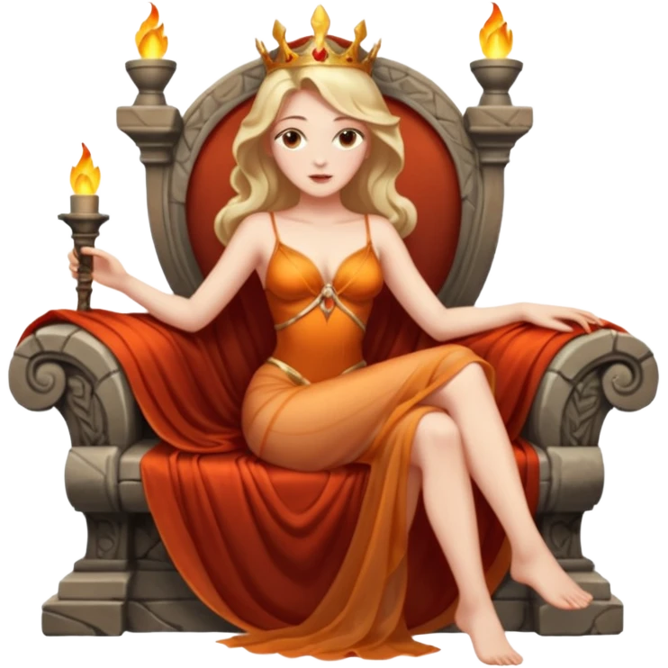 Woman reclining on a stone throne, sheer fabric, torchlight, dangerous seduction emoji