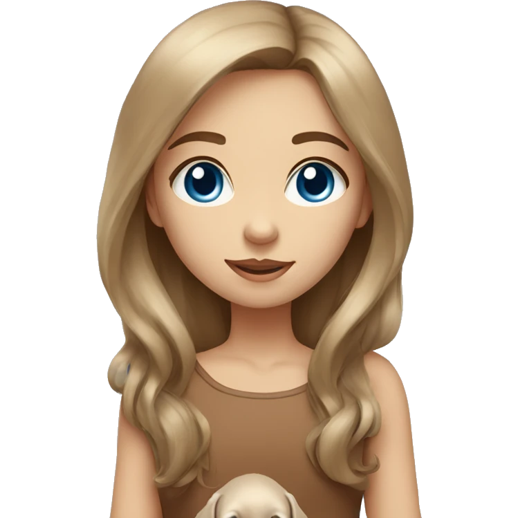 young girl with long brown hair, blue eyes and a biege puppy emoji