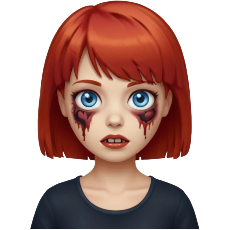 Zombie girl emoji with short red hair and bangs. Blue eyes, fair skin, and a black top. emoji