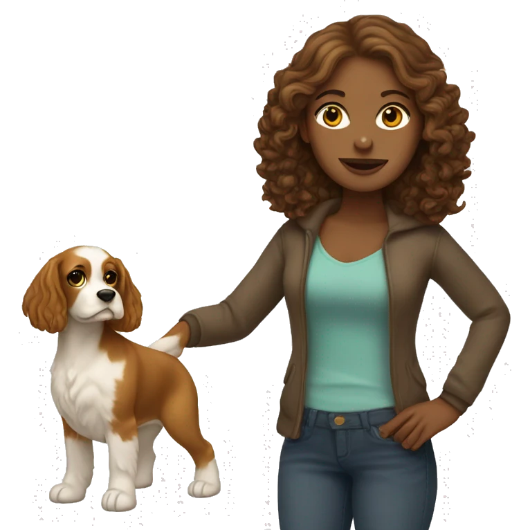 White Girl with brown hair holding a yellow cocker spaniel emoji
