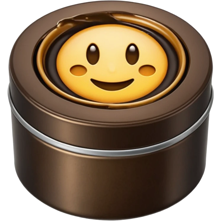 small round metal tin, slightly opened to reveal glossy dark wax inside black or brown, smooth reflective surface with soft circular swirls, low profile tin with subtle metallic sheen, no brush cloth or shoes, apple emoji style, soft lighting, subtle shadows, transparent background, emoji scale emoji