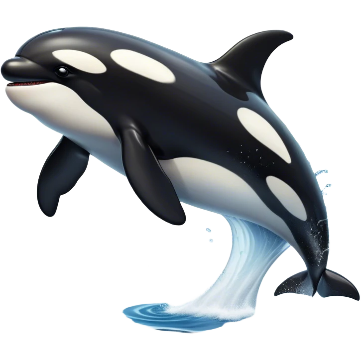 Meme-Worthy Breaching orca Portrait Emoji, Bursting powerfully out of the ocean with an impressive, high-energy leap, showcasing a sleek black-and-white body glistening with water droplets and dynamic, arched posture, Simplified yet exhilaratingly expressive features, highly detailed, glowing with a vibrant marine energy, high shine, bold and full of life, stylized with an air of untamed ocean spirit, soft glowing outline, capturing the essence of an orca mid-breach, radiating pure, unstoppable aquatic power! emoji