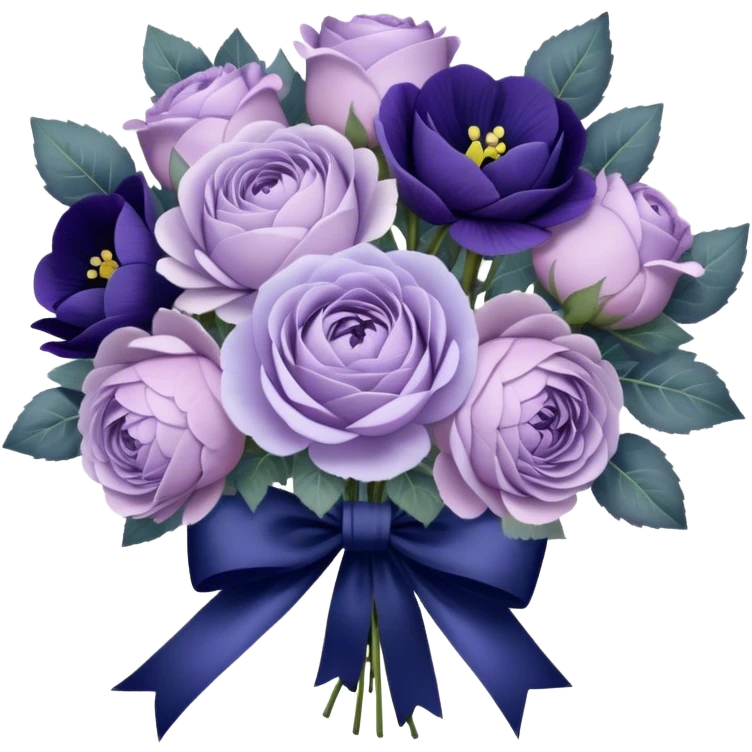 A hand-tied bouquet of soft lilac roses, pale violet peonies, and deep indigo pansies, bound with layers of vintage lace and a faded purple silk bow, rests upon a carved wooden vanity, beside an antique silver heart-shaped mirror reflecting the timeless beauty of love’s gentle touch. emoji