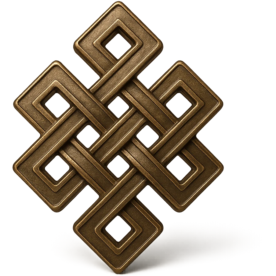 Create a karma symbol with an endless knot design featuring intricate interwoven lines. The style should be 3D bronze metallic with realistic shine and depth, icon-like, balanced composition, and no background (transparent). emoji