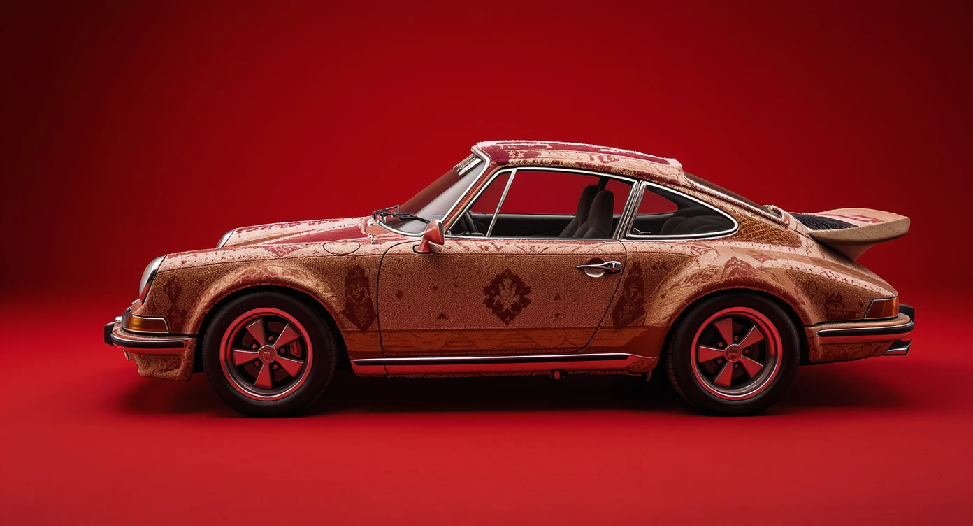 Closeup shot of a porsche 911, body of car made of russian carpet with patterns, red solid studio background,top low key light, dutch angle,  captured by ARRI 65 emoji