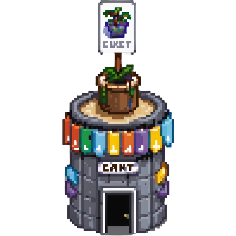 Chum Bucket restaurant from SpongeBob, gray bucket-shaped building with a sign emoji