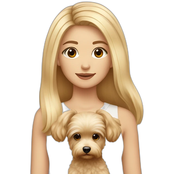Blonde long straight hair girl brown eyes with maltipoo beige emoji