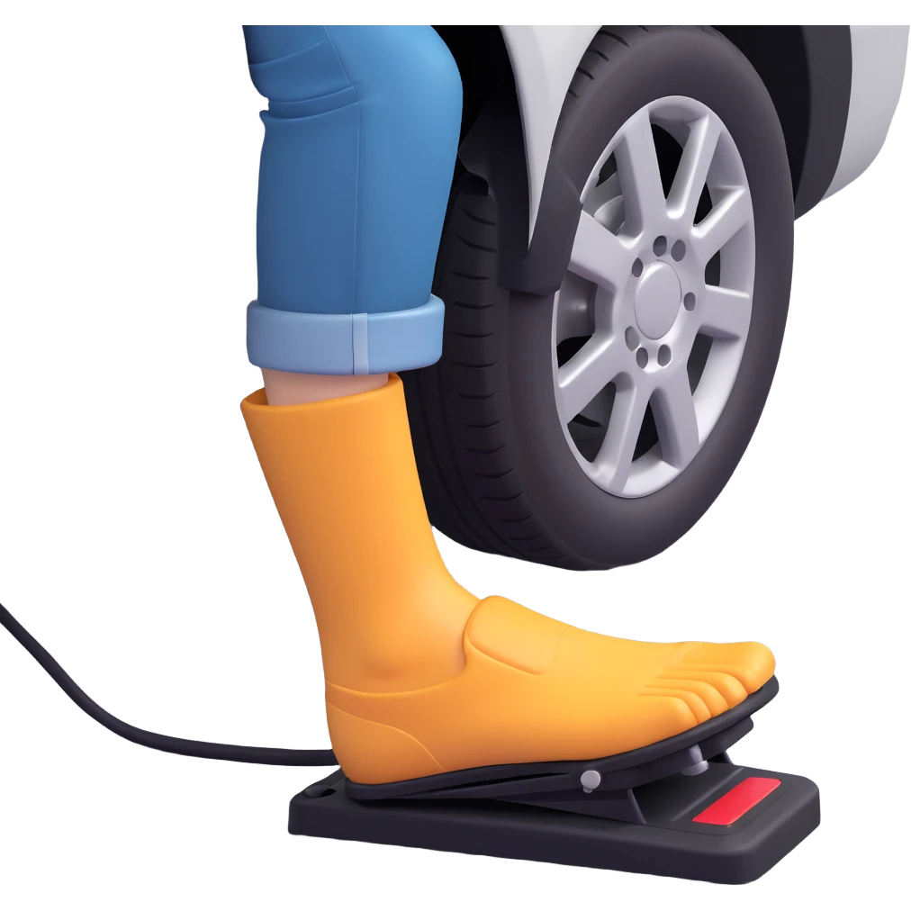 A clean 2D emoji-style illustration of a single right foot pressing down on a car gas pedal. Only the foot and the pedal are shown, viewed from the side. The pedal is slightly tilted to show pressure. No background, simple colors, minimal details emoji