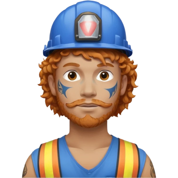 construction worker man ginger curly hair, blue helmet, heavy face tattoo emoji