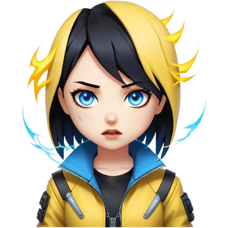 Black hair cyberpunk 2077 chibi girl with blazing blue eyes and yellow jacket from the animation show cyberpunk edge runners. All emotion reactions emoji