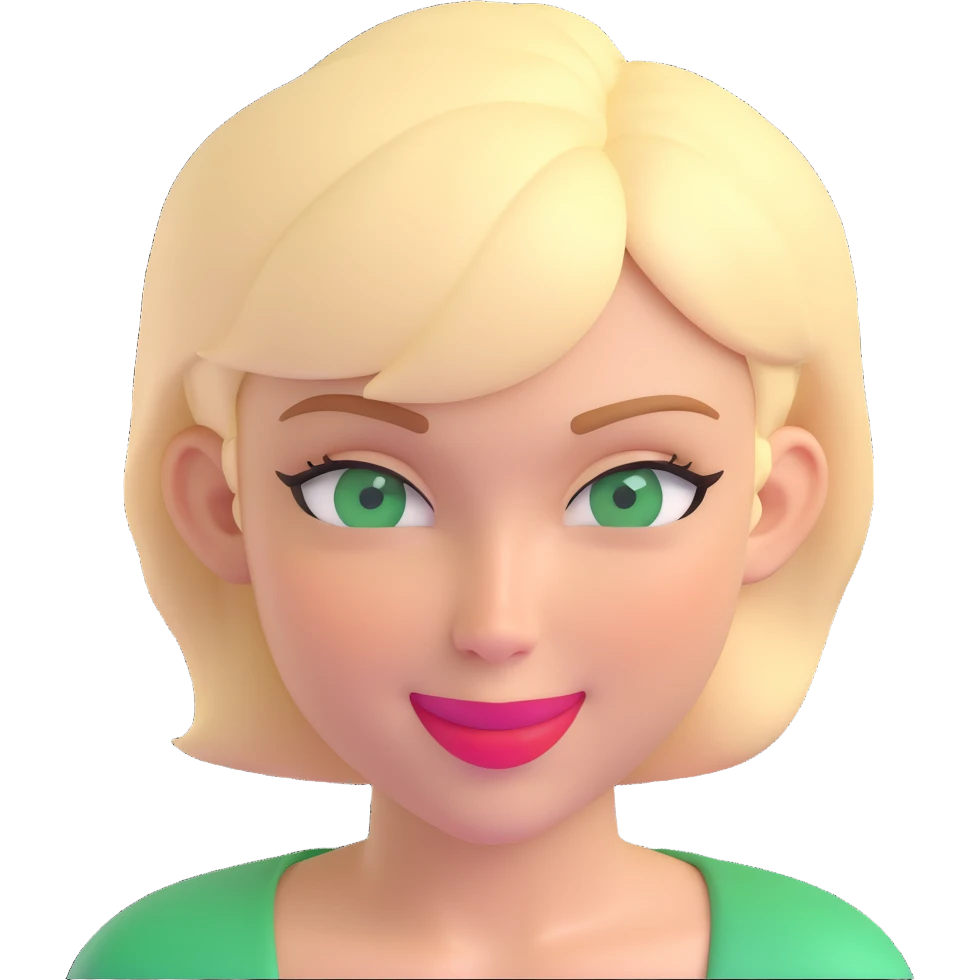 woman with thick blonde short hair and green eyes, winking, close-up emoji