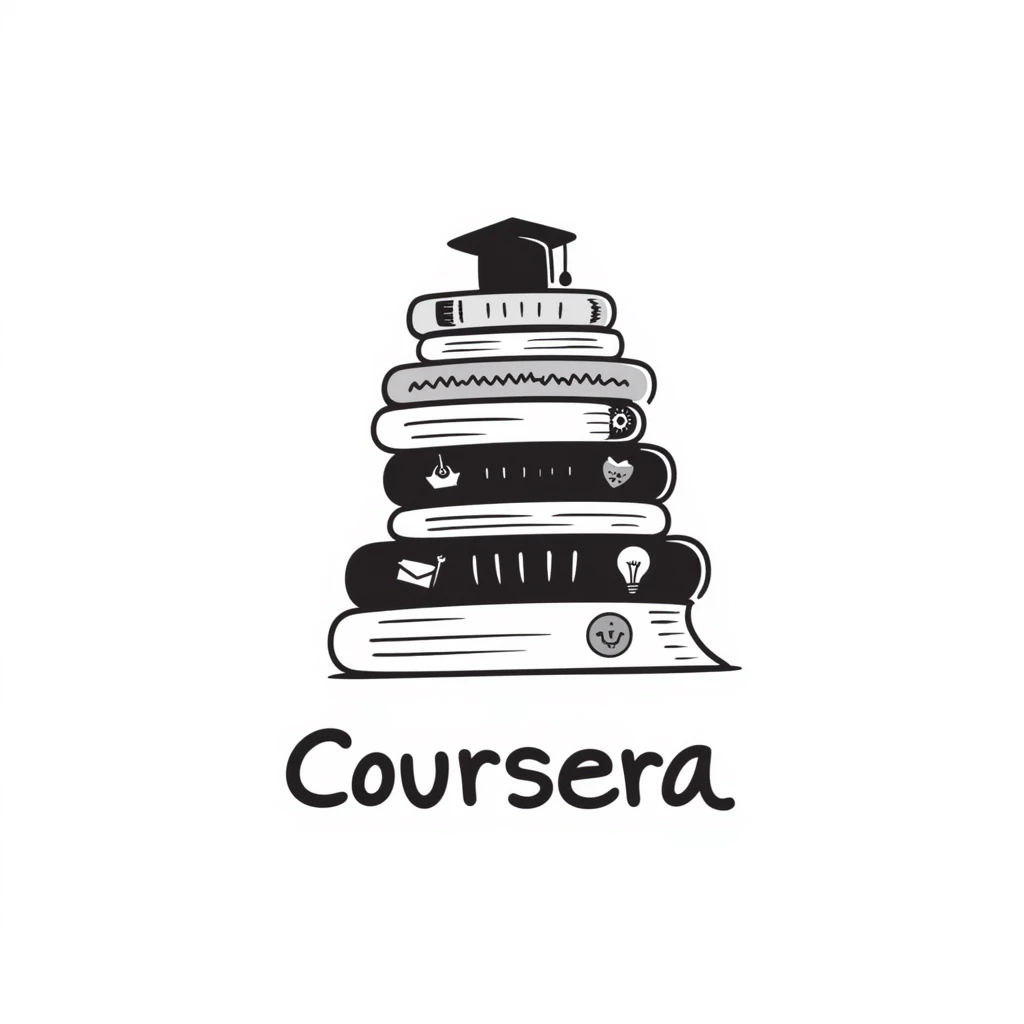 Hand-drawn Coursera logo with learning symbols emoji