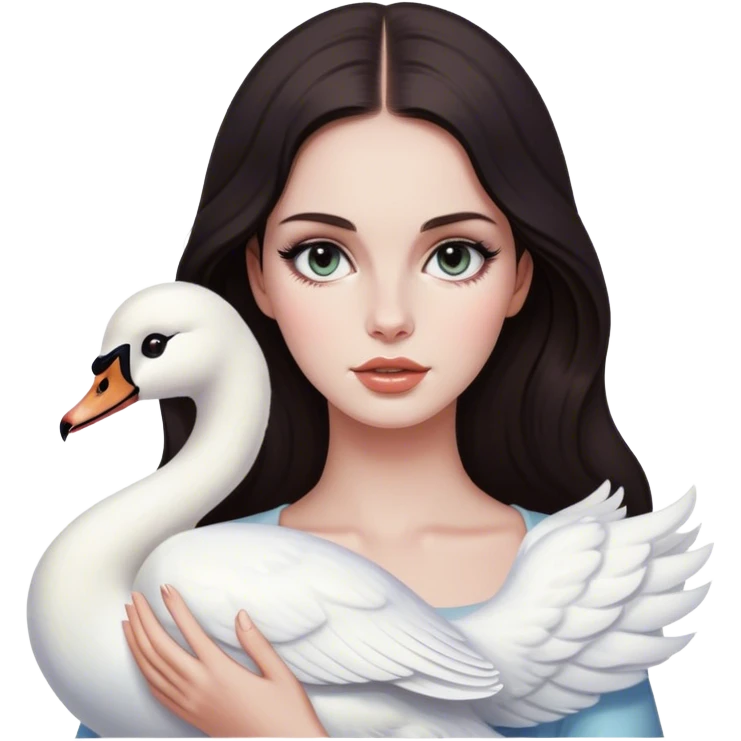 Girl who looks like Lana del Rey with dark hair and cat eyes holding a swan emoji