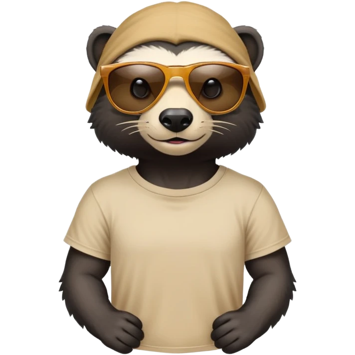 friendly anthropomorphised honey badger head and neck wearing sunglasses, top of t-shirt visible, different expression emoji