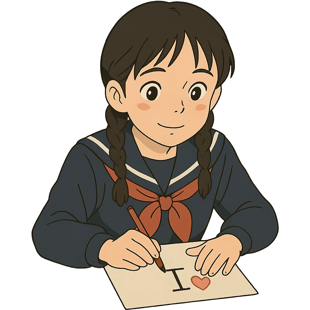 Kazakh girl in Korean school uniform, drawing a T with a heart on paper in ghibli style emoji