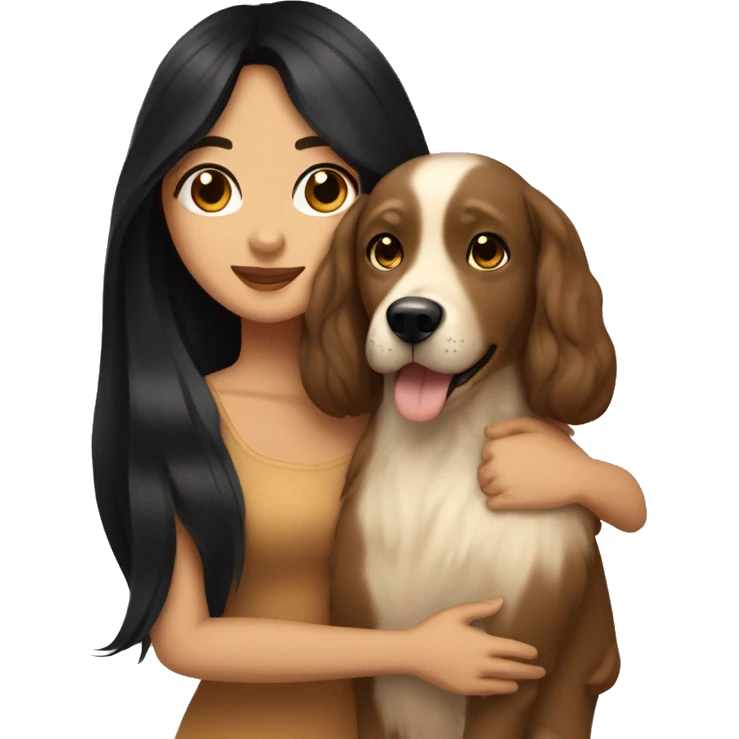 pretty woman with very long black hair and caramel skin hugging a beige dog emoji