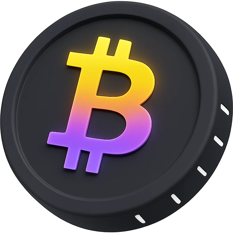 3D black style Bitcoin coin with a glowing yellow, orange, purple, and violet gradient emoji