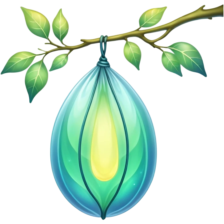 ethereal magical cocoon hanging from a branch, glowing green-blue cocoon, yellow magical aura, translucent, magical symbol, soft curves, gentle green-blue hues emoji