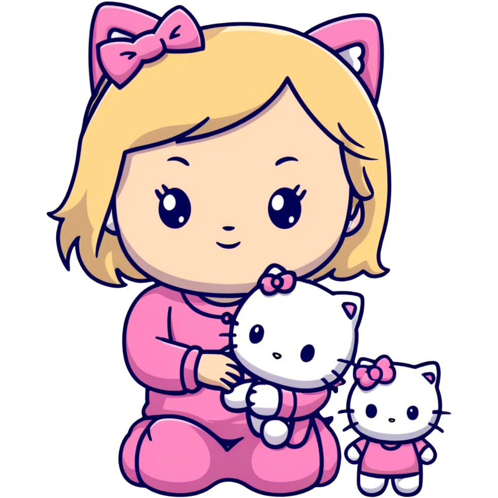 Blonde girl wearing pink Hello Kitty pajamas with two ragdoll cats emoji