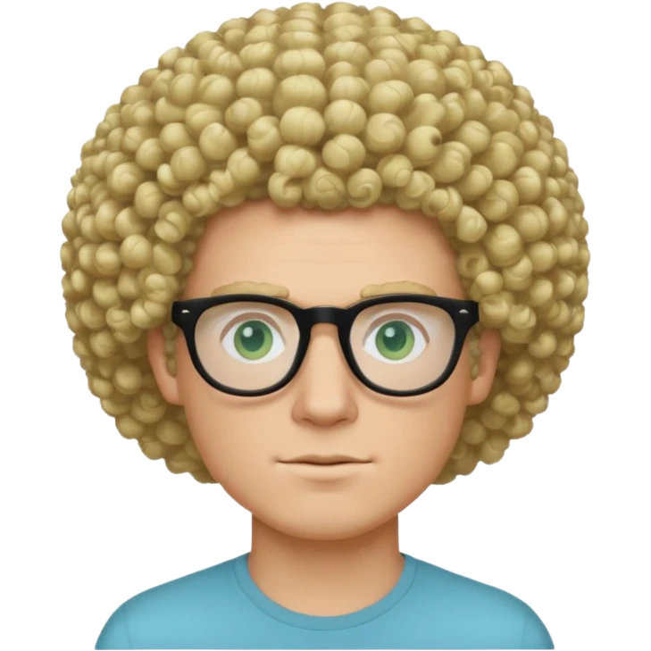 white guy with curly blonde afro and light blue ish green eyes with black glasses  emoji