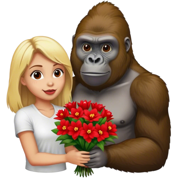 A gorilla give a bouquet of flowers to a blonde girl  emoji