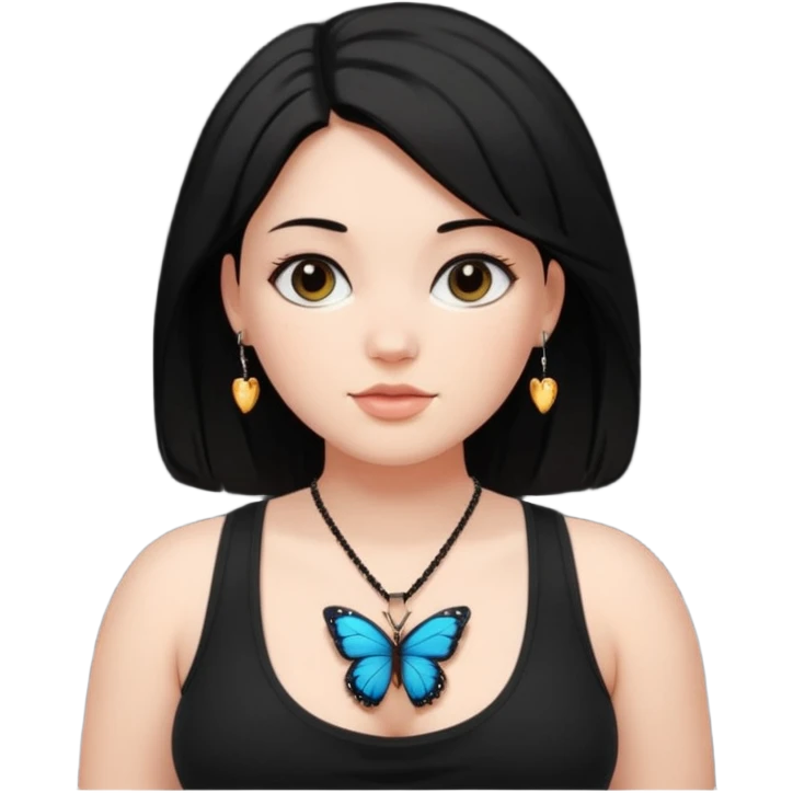 A thick girl in white skin, black middle length hair wearing a black tank top and small butterfly pendant necklace. emoji