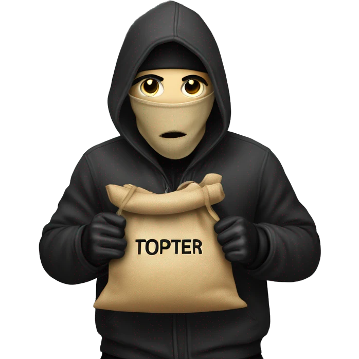 Thief stealing a bag of money that has the word Toptier embroidered on it emoji