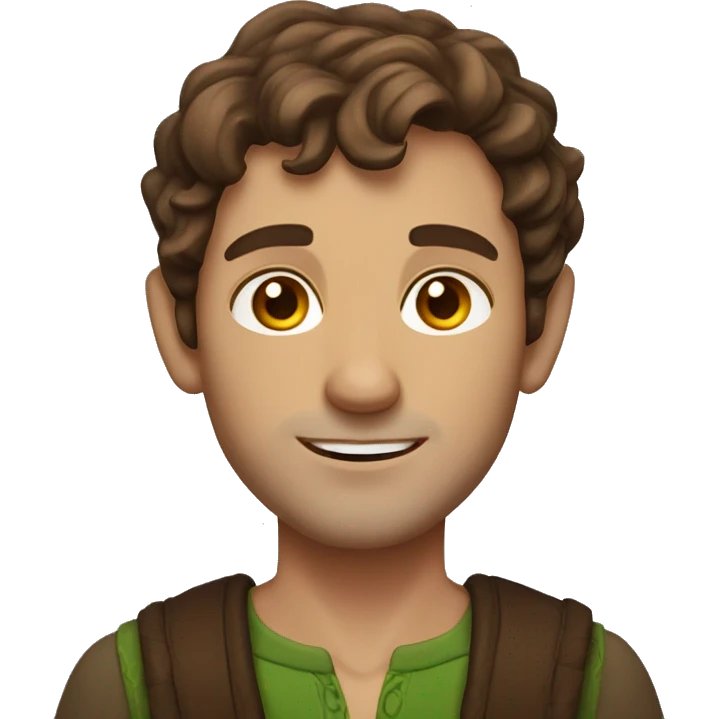 man with wavy short brown hair, brown eyes,elf ears emoji