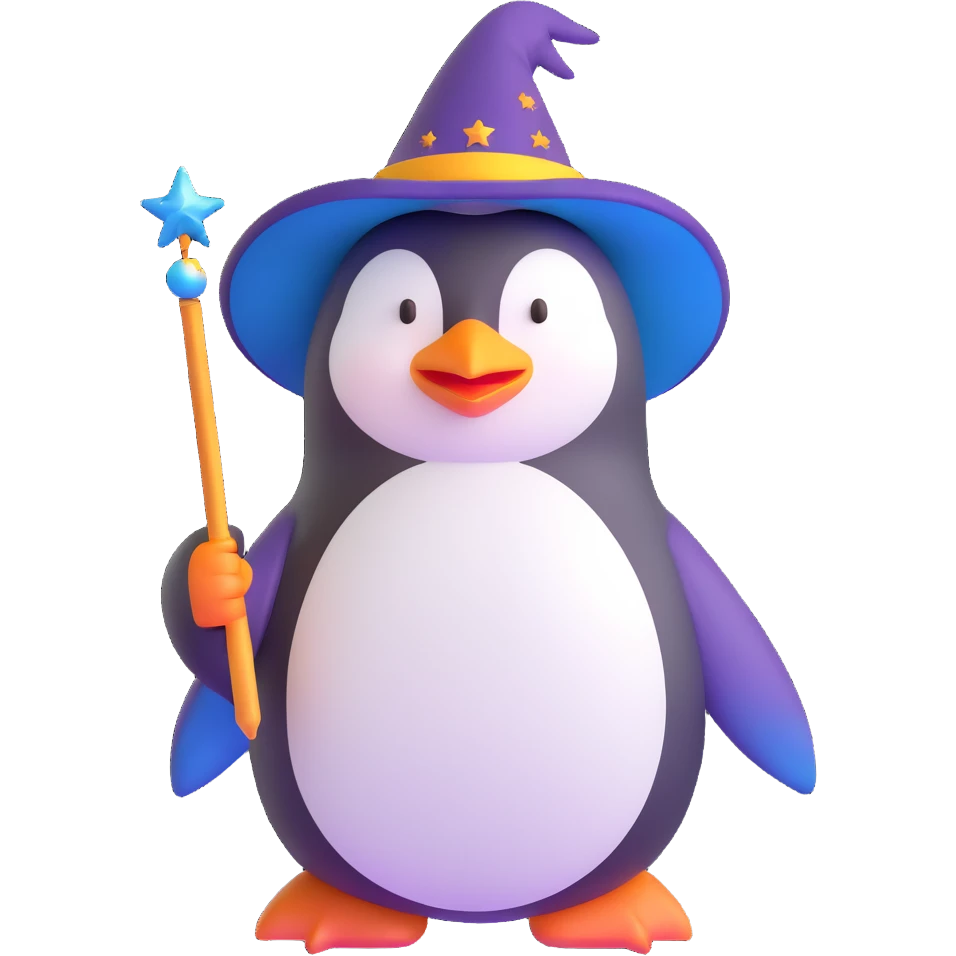 penguin wizard with magic wand and wizard hat emoji