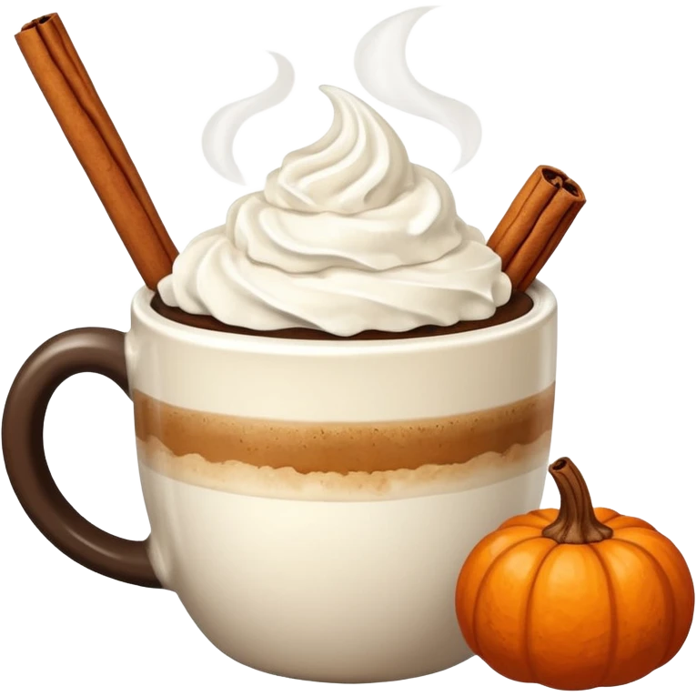 Steaming coffee Mug with whipped Cream and cinnamon Dust on Cream.  Small Punkin and 3 sticks of cinnamon next to mug emoji