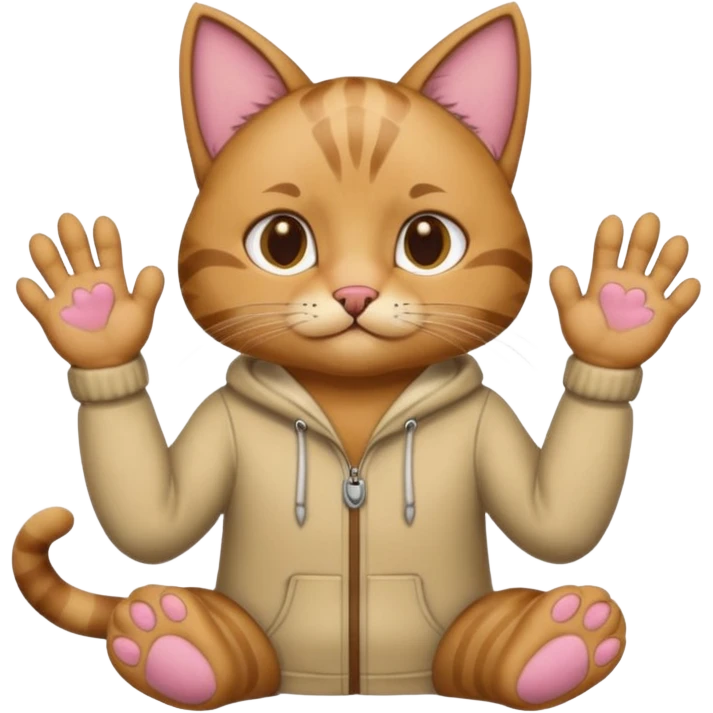 A man wearing cat clothes  and showing his paws emoji