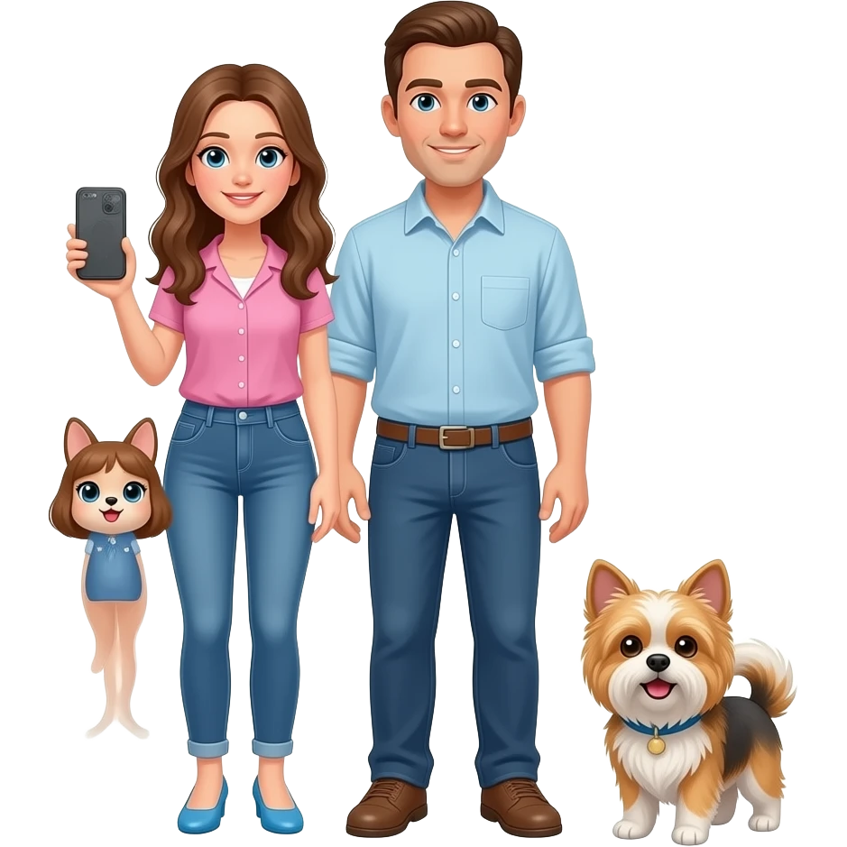 Two women, 1 men with 1 small shih tzu emoji