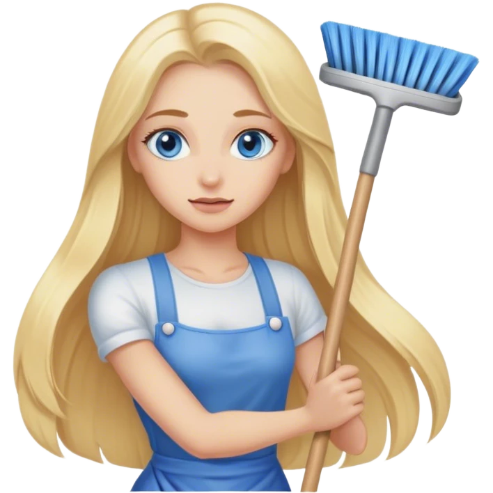 Cinematic realistic blonde with long hair, blue eyes cleans the room emoji