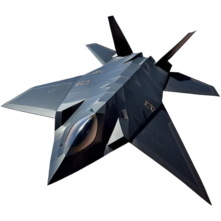F-117 Nighthawk - Lockheed Martin (Stealth Grey) A futuristic stealth attack aircraft with a distinct faceted, angular design in a stealthy matte grey. Its sharp, jagged edges and unconventional, almost alien-like shape make it look like a shadow cutting through the night sky. The surface should appear non-reflective with subtle panel lines. emoji