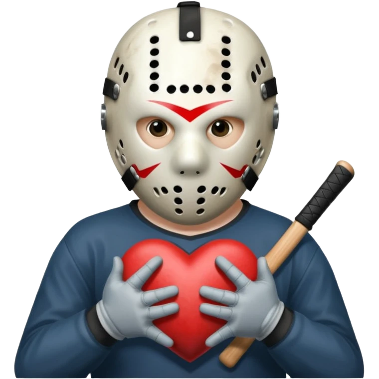 Jason Voorhees, looking cute, making a heart with his hands emoji