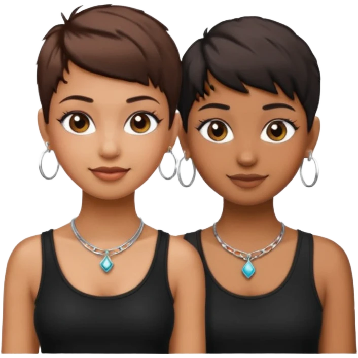 Do two best friend emojis one brown skin one fair skin with pixie cuts with hoop earrings and necklace wearing black and lashes emoji