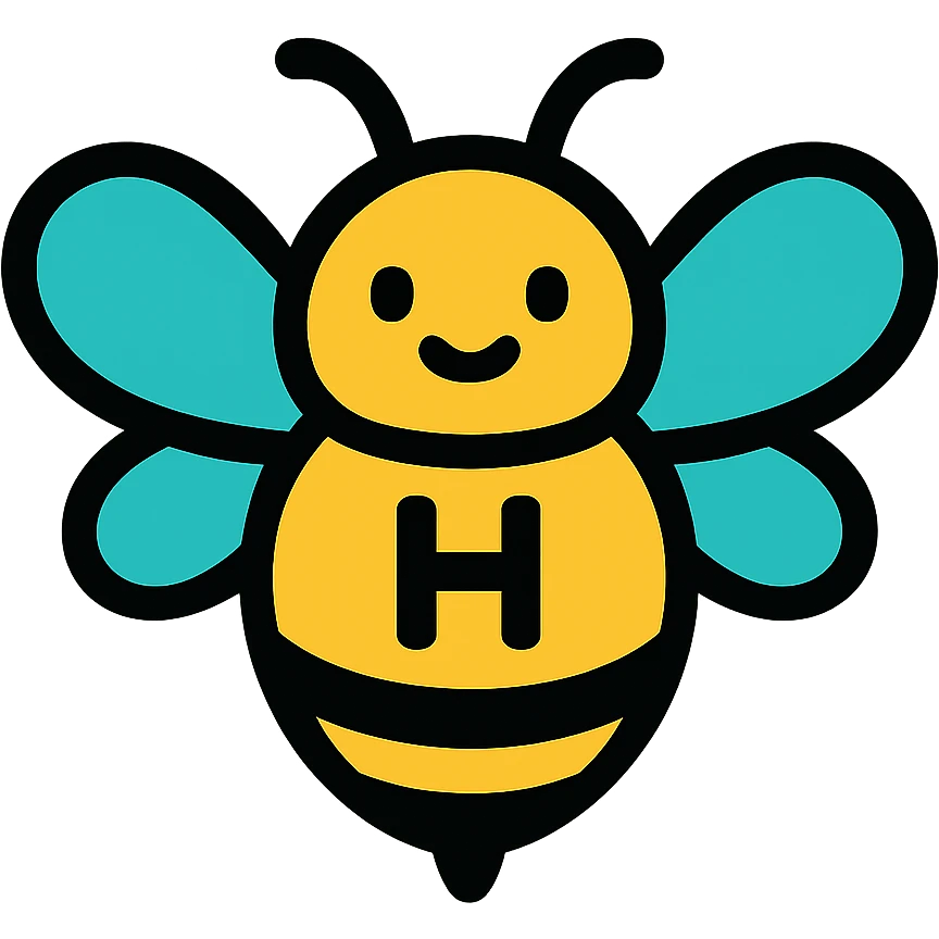 cartoonish honey bee with the letter H, colorful wings, bright and cheerful emoji